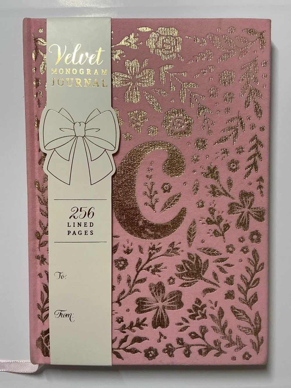 “C” Monogram Pink Velvet Journal w/Circle Accent Bow Earrings & Gold Pen